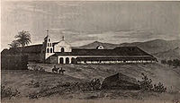 Mission San Diego de Alcalá drawn as it was in 1848. Established in 1769, it was the first of the Ca